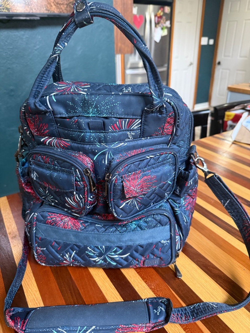 lug Navy Quilted Shoulder Bag with Red & Teal Firework Print